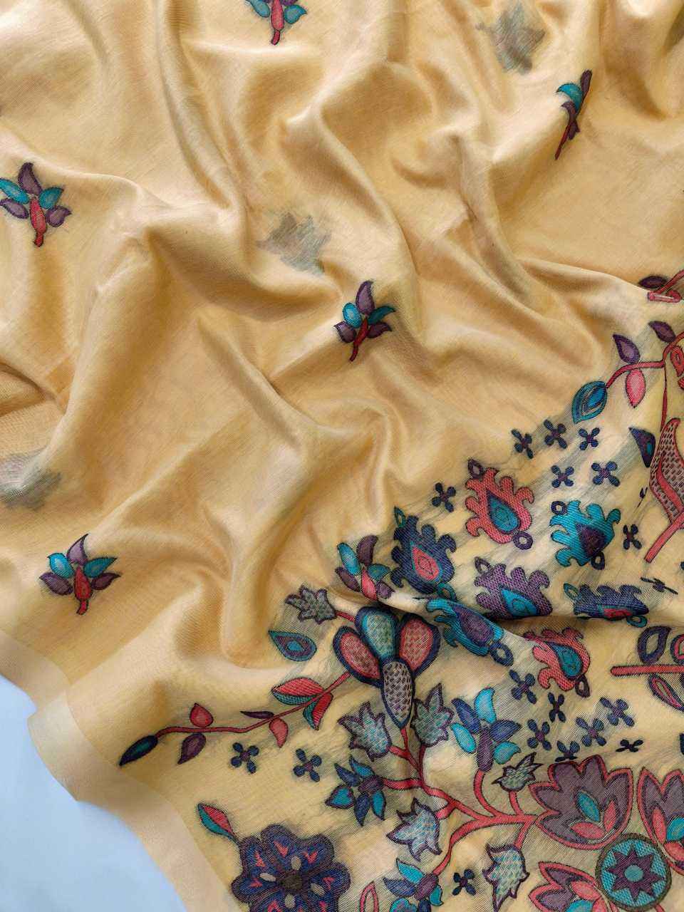 Mustard Premium Chanderi Cotton Jamdani Weave Saree with Meena Pallu & Tassels