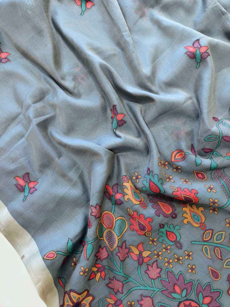 Blue Premium Chanderi Cotton Jamdani Weave Saree with Meena Pallu & Tassels