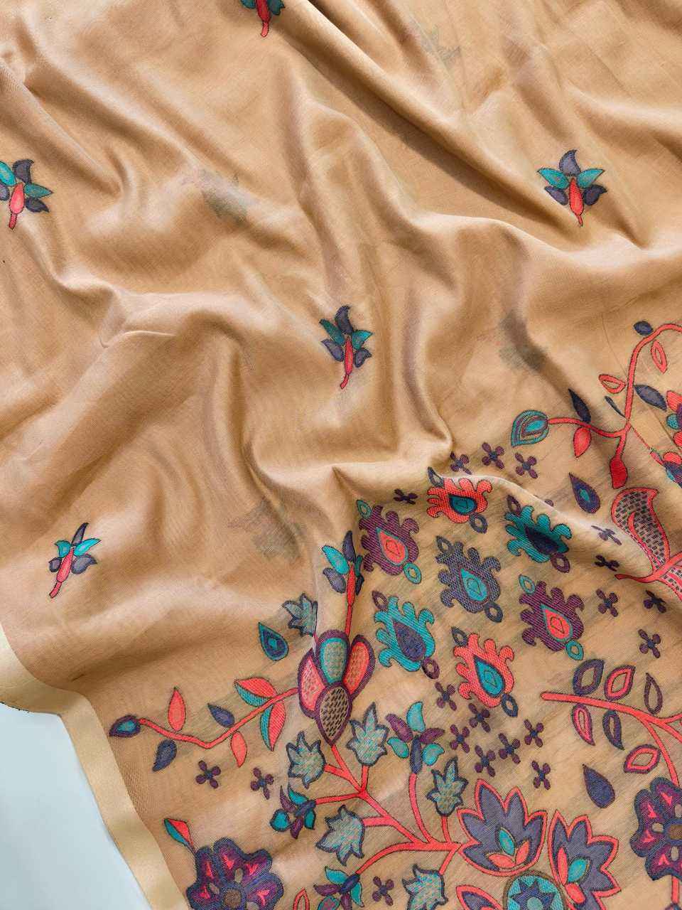Beige Premium Chanderi Cotton Jamdani Weave Saree with Meena Pallu & Tassels