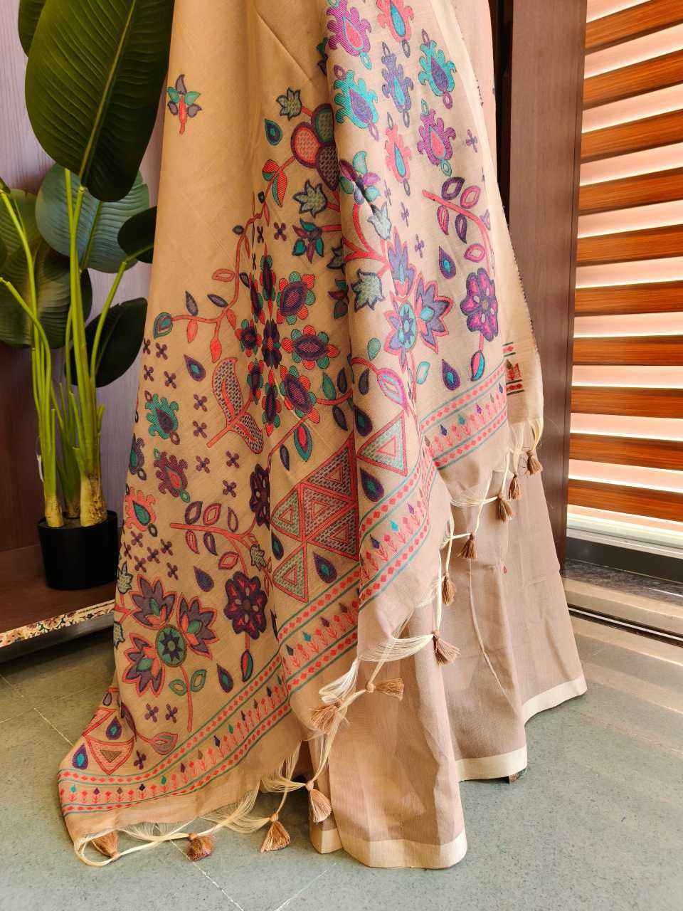 Beige Premium Chanderi Cotton Jamdani Weave Saree with Meena Pallu & Tassels