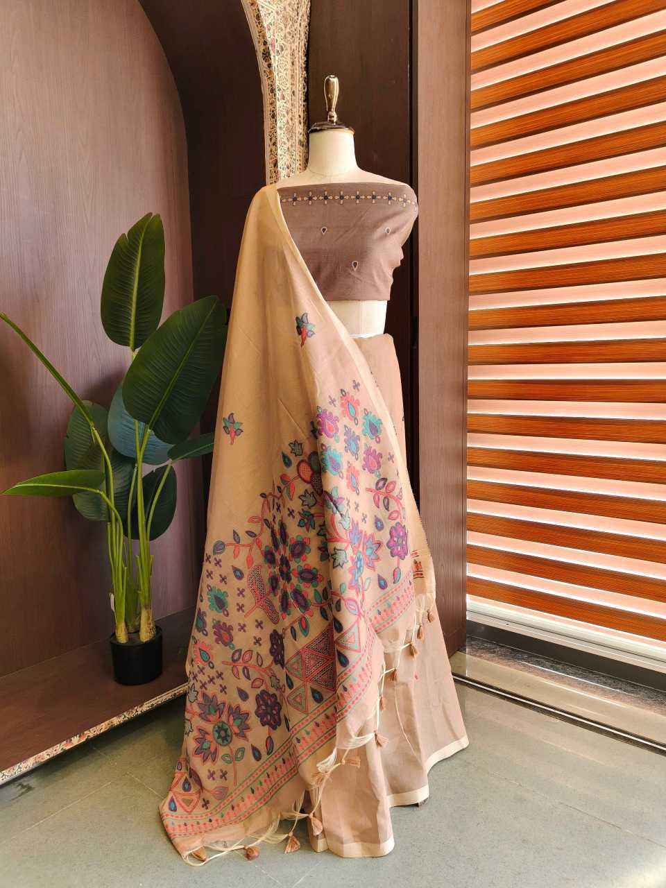 Beige Premium Chanderi Cotton Jamdani Weave Saree with Meena Pallu & Tassels
