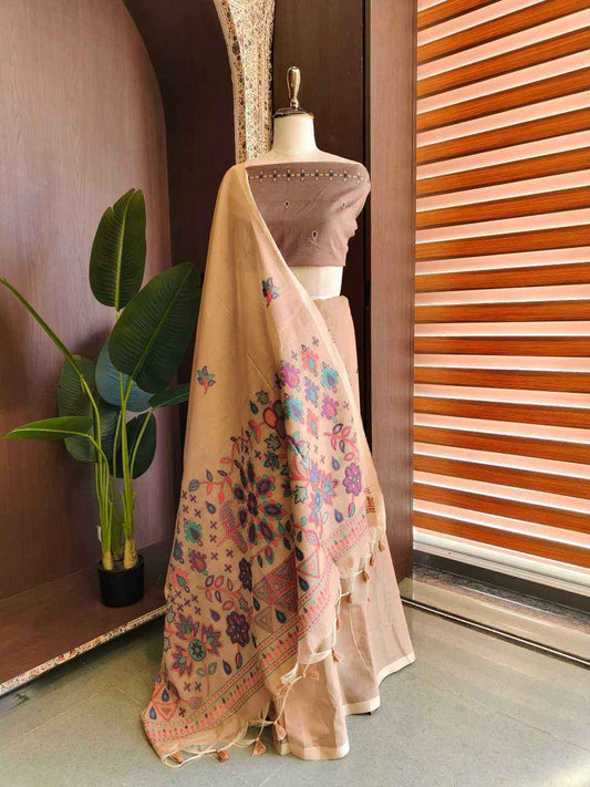 Beige Premium Chanderi Cotton Jamdani Weave Saree with Meena Pallu & Tassels