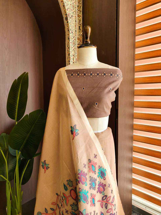 Beige Premium Chanderi Cotton Jamdani Weave Saree with Meena Pallu & Tassels