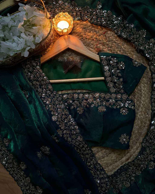 Satin Chiffon Saree with Beads Work & Designer Blouse