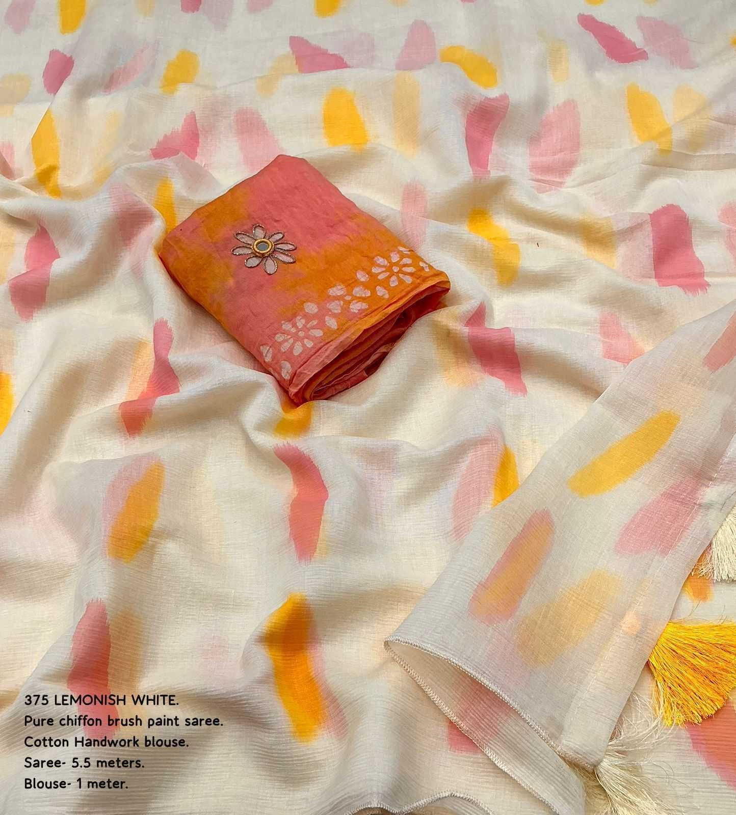 Pure Chiffon Hand Painted Designer Saree with Handwork Blouse - House of ViDi