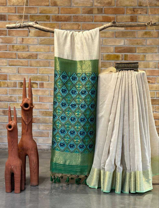 Green Pure Khadi Cotton Handwoven Traditional Saree - House of ViDi