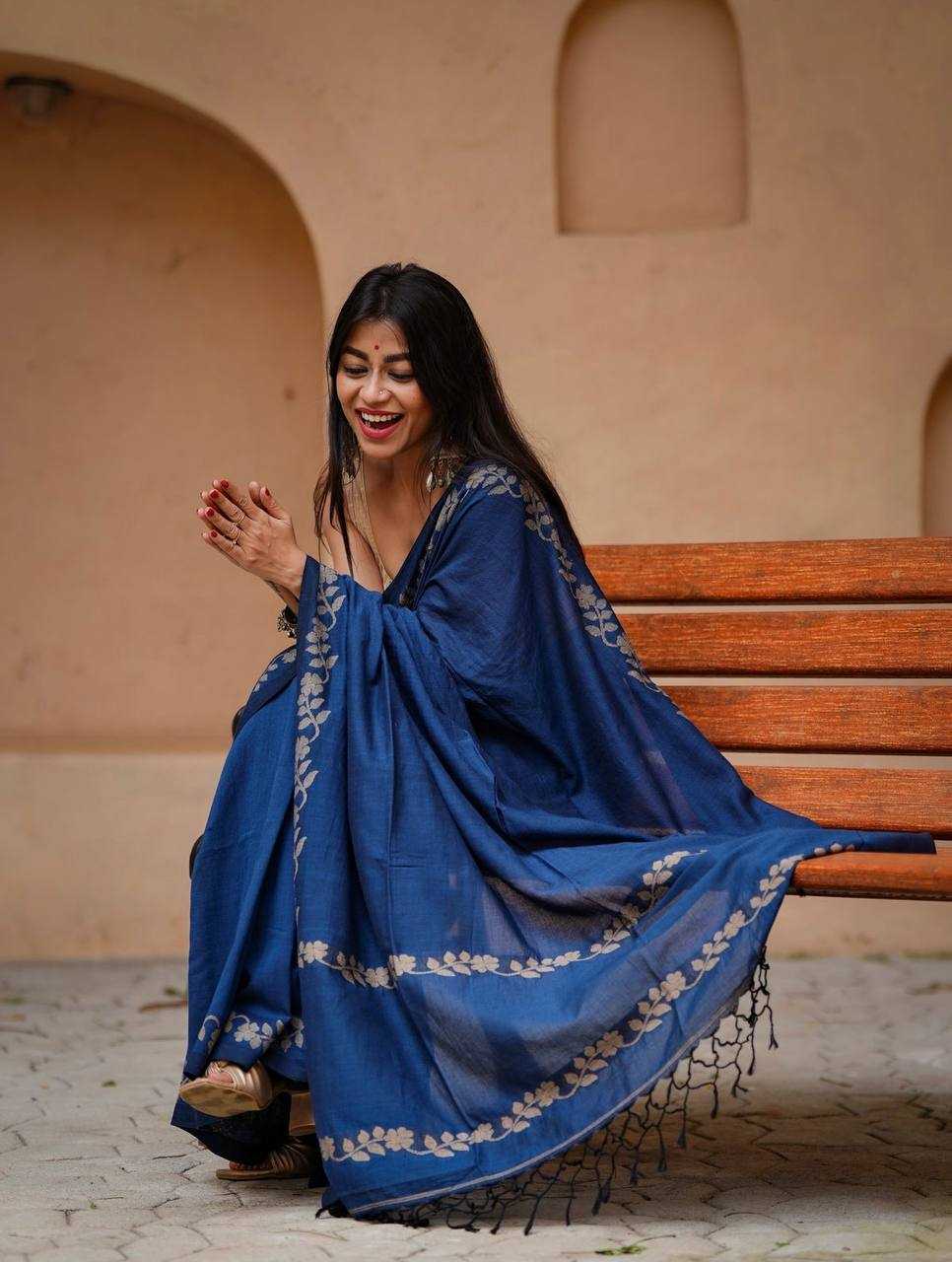 Navy Blue Designer Linen Cotton Saree with Floral Border Detailing