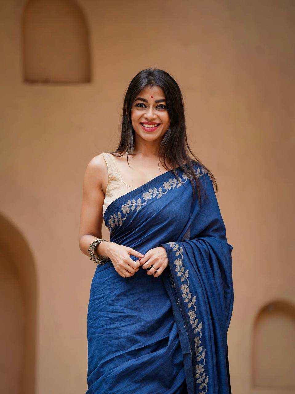 Navy Blue Designer Linen Cotton Saree with Floral Border Detailing