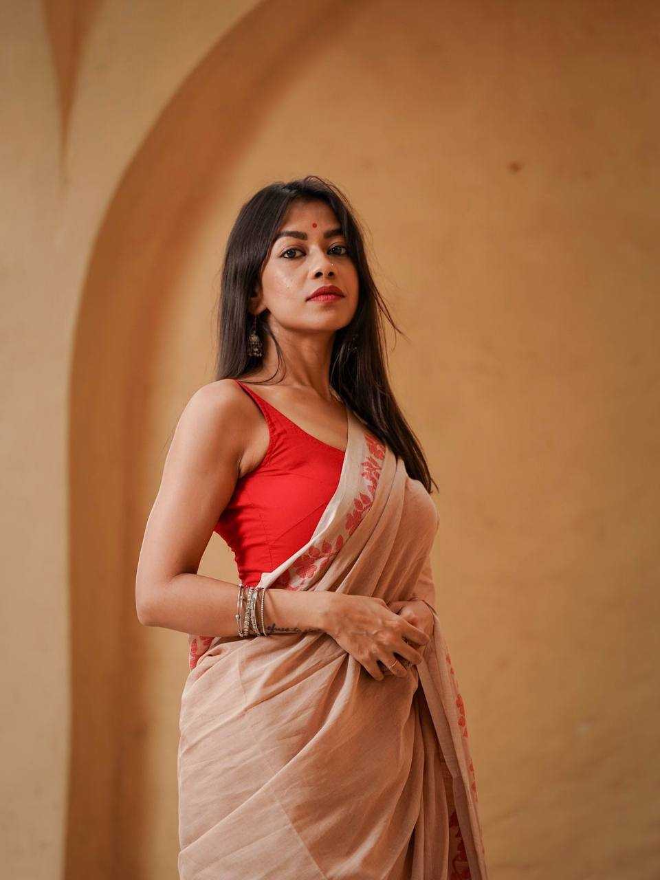 Beige Designer Linen Cotton Saree with Floral Border Detailing