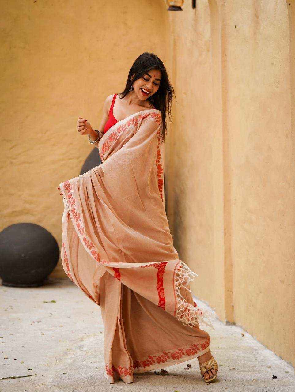 Beige Designer Linen Cotton Saree with Floral Border Detailing