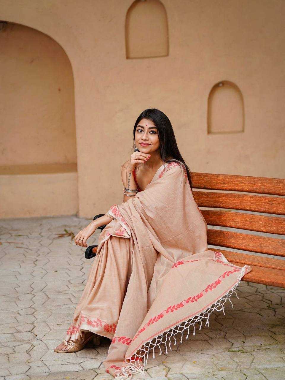 Beige Designer Linen Cotton Saree with Floral Border Detailing