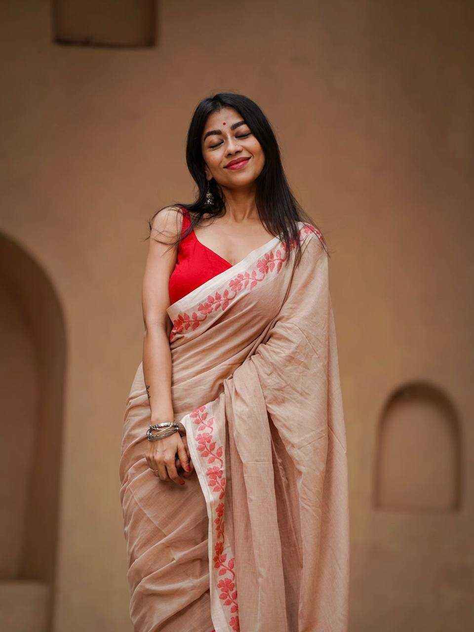 Beige Designer Linen Cotton Saree with Floral Border Detailing
