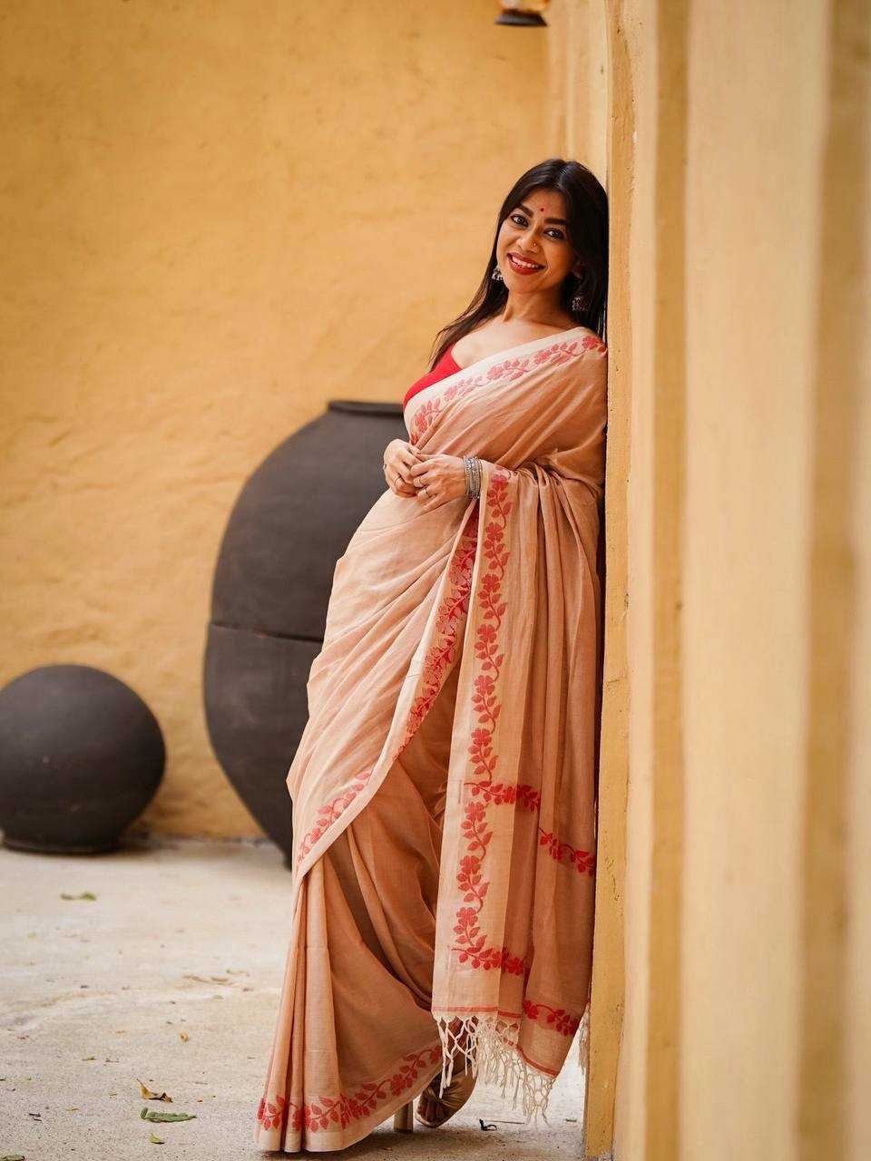 Beige Designer Linen Cotton Saree with Floral Border Detailing