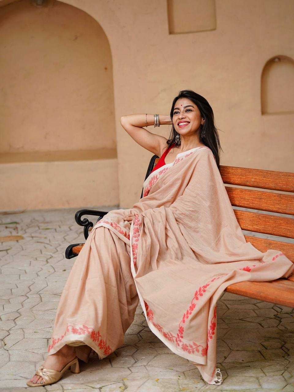 Beige Designer Linen Cotton Saree with Floral Border Detailing