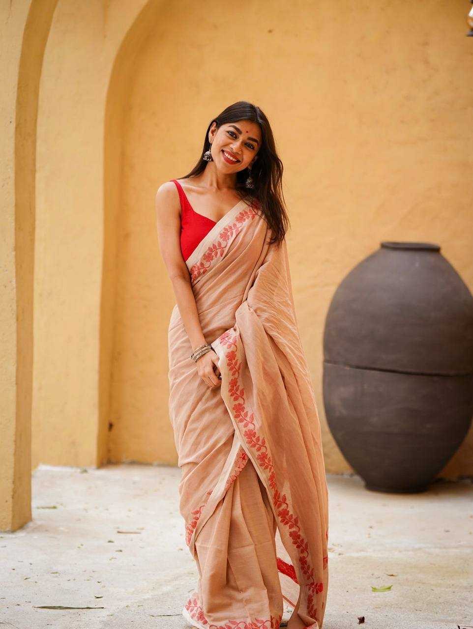 Beige Designer Linen Cotton Saree with Floral Border Detailing