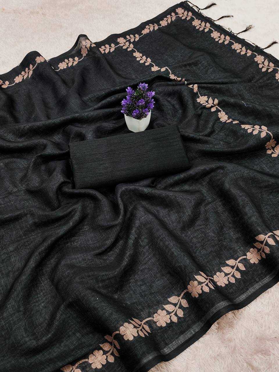 Black Designer Linen Cotton Saree with Floral Border Detailing