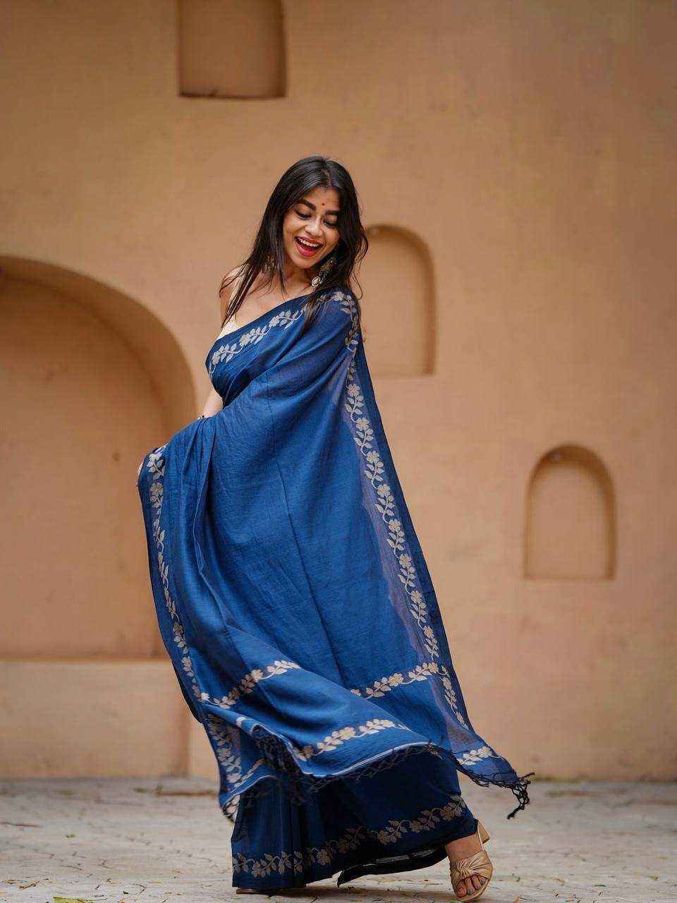 Navy Blue Designer Linen Cotton Saree with Floral Border Detailing