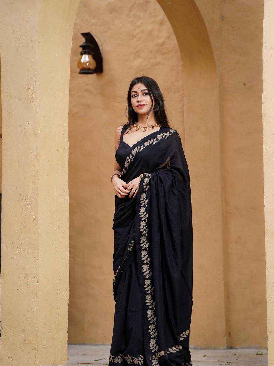 Black Designer Linen Cotton Saree with Floral Border Detailing