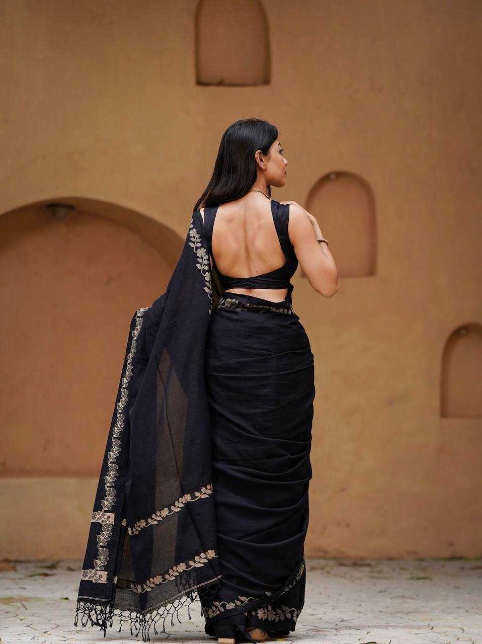 Black Designer Linen Cotton Saree with Floral Border Detailing