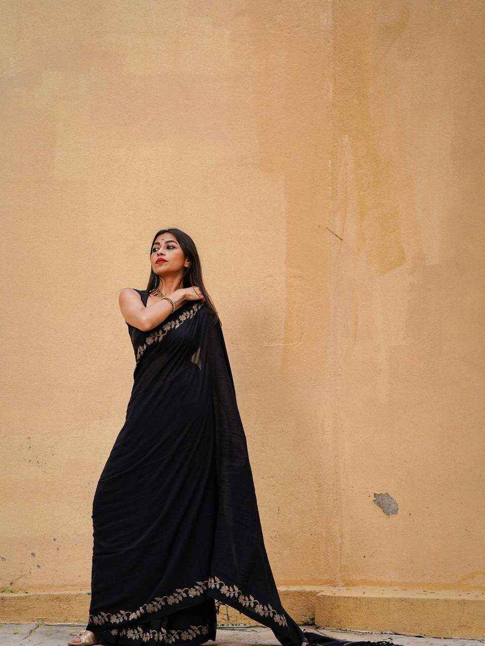 Black Designer Linen Cotton Saree with Floral Border Detailing