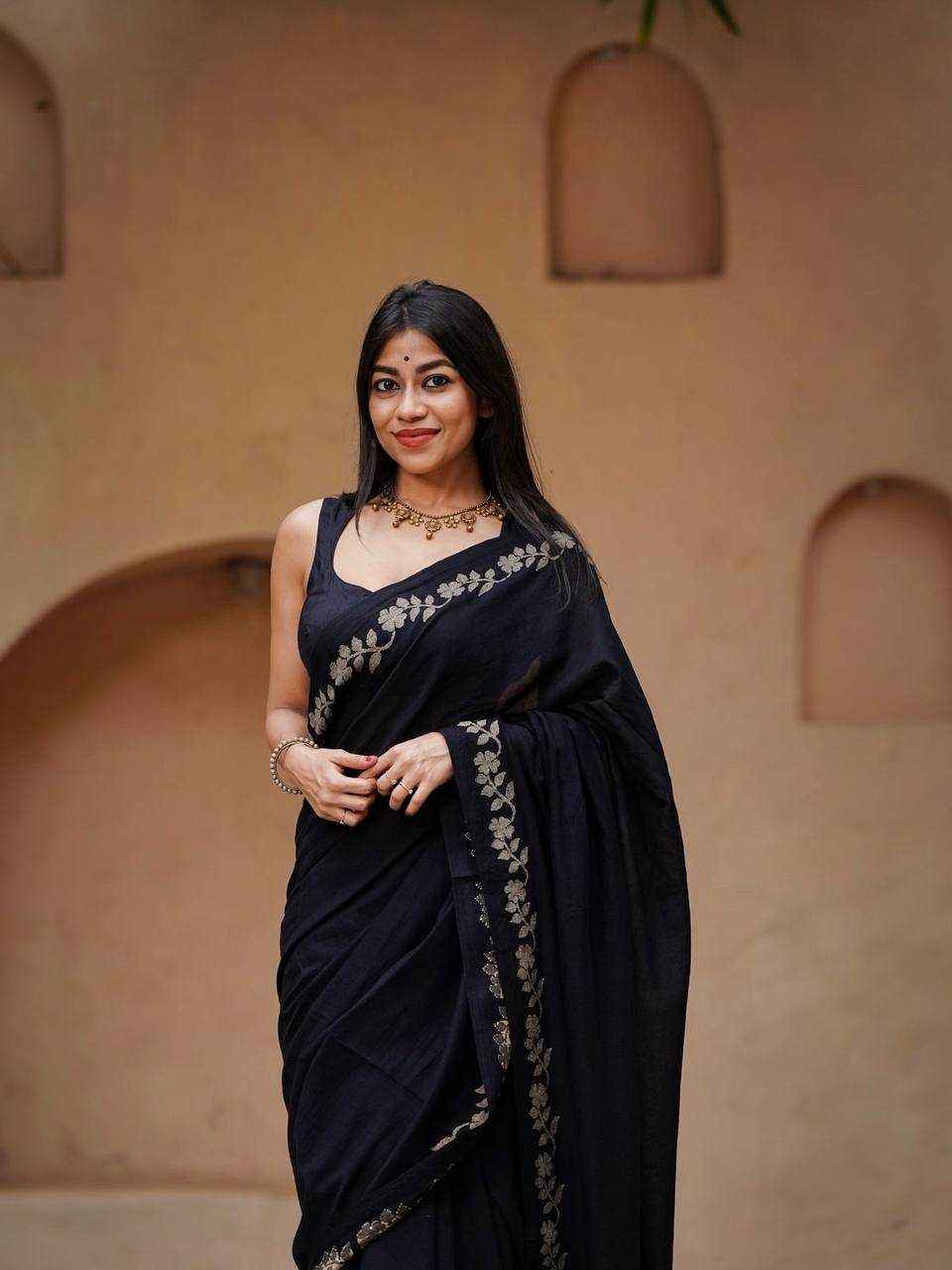 Black Designer Linen Cotton Saree with Floral Border Detailing