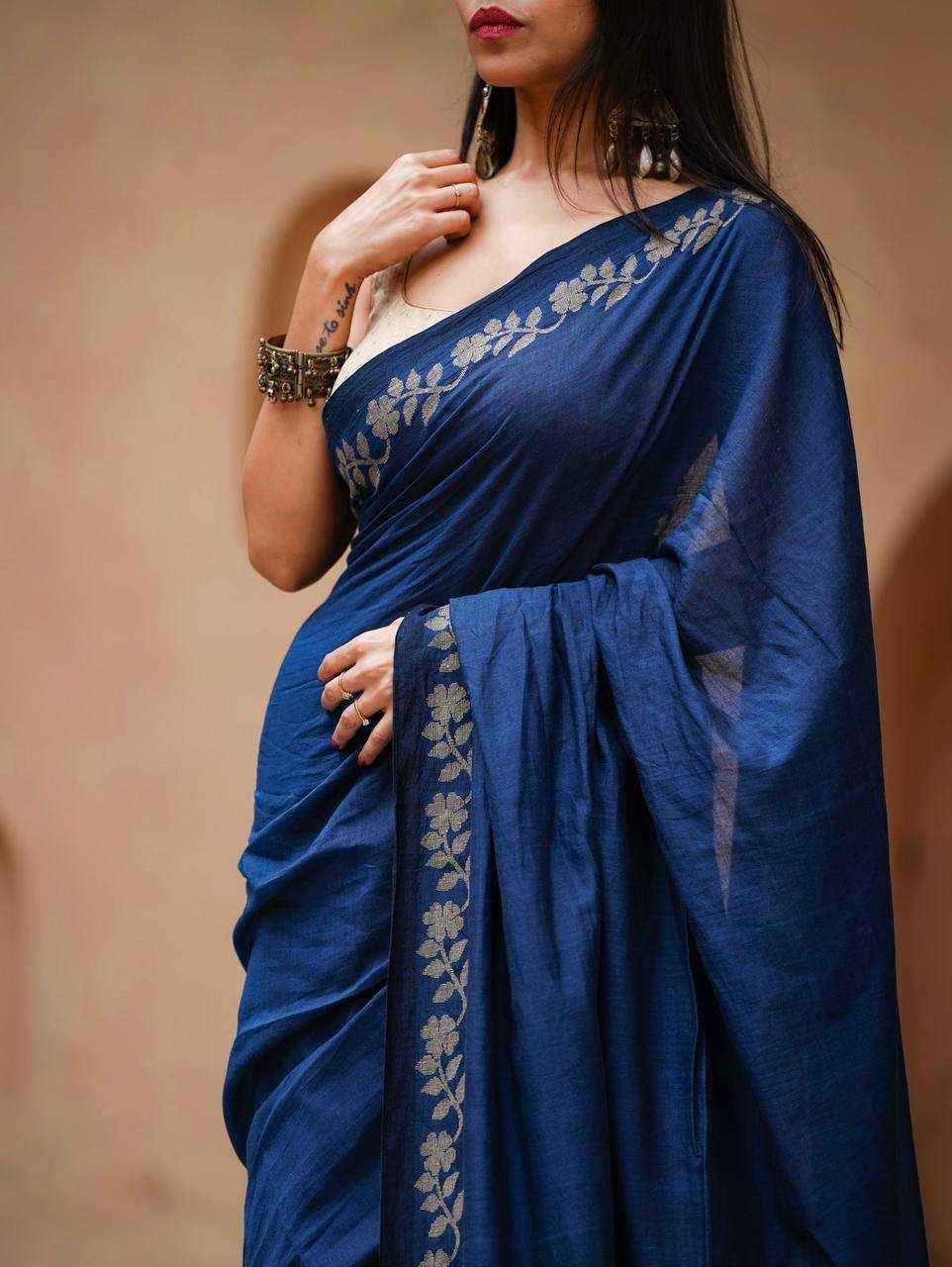 Navy Blue Designer Linen Cotton Saree with Floral Border Detailing