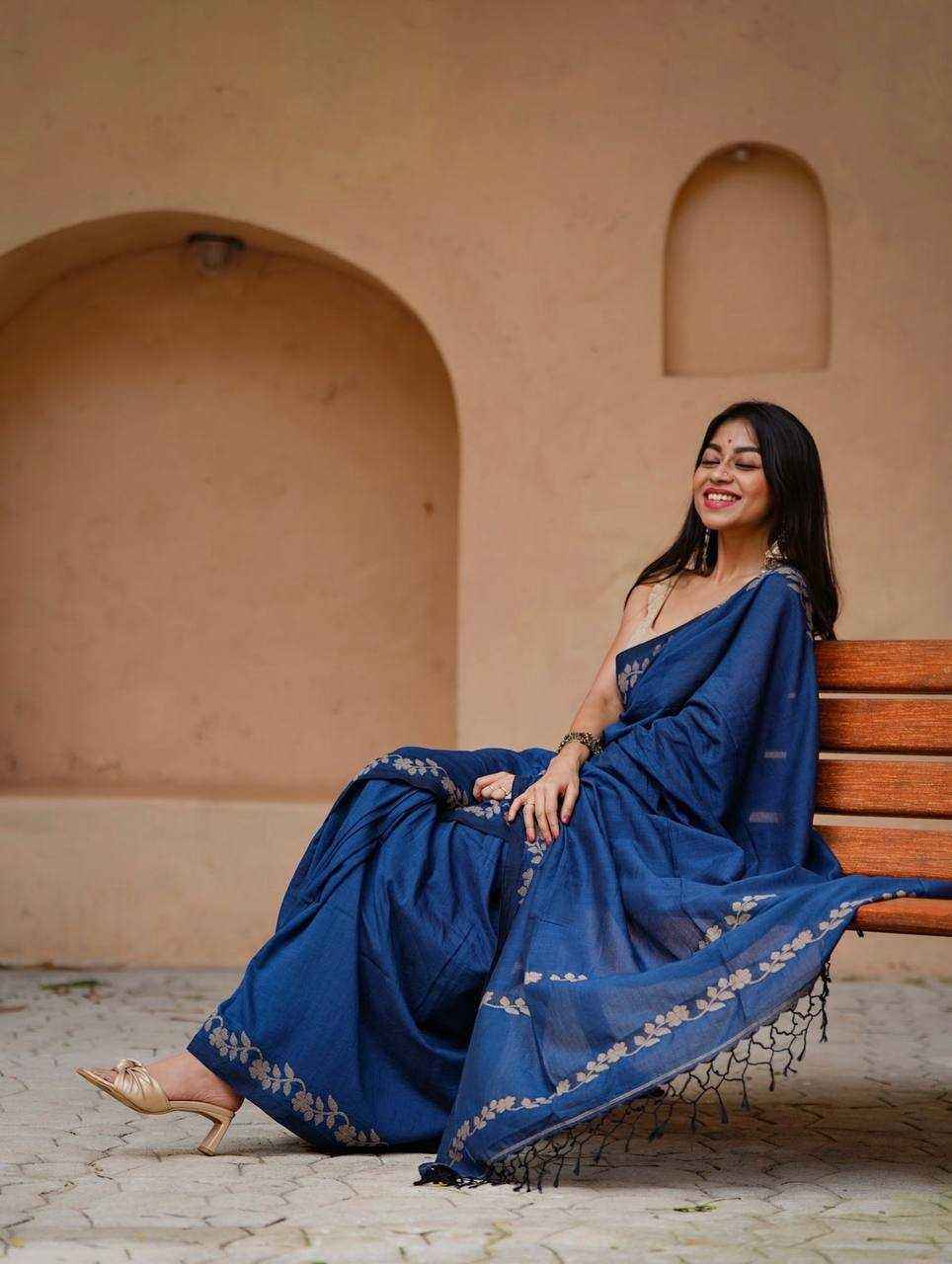 Navy Blue Designer Linen Cotton Saree with Floral Border Detailing