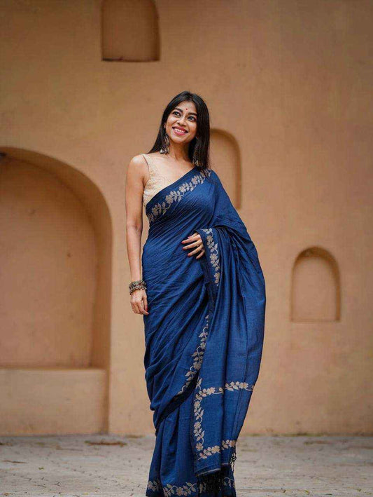Navy Blue Designer Linen Cotton Saree with Floral Border Detailing