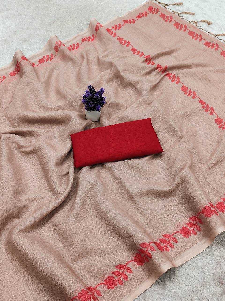 Beige Designer Linen Cotton Saree with Floral Border Detailing