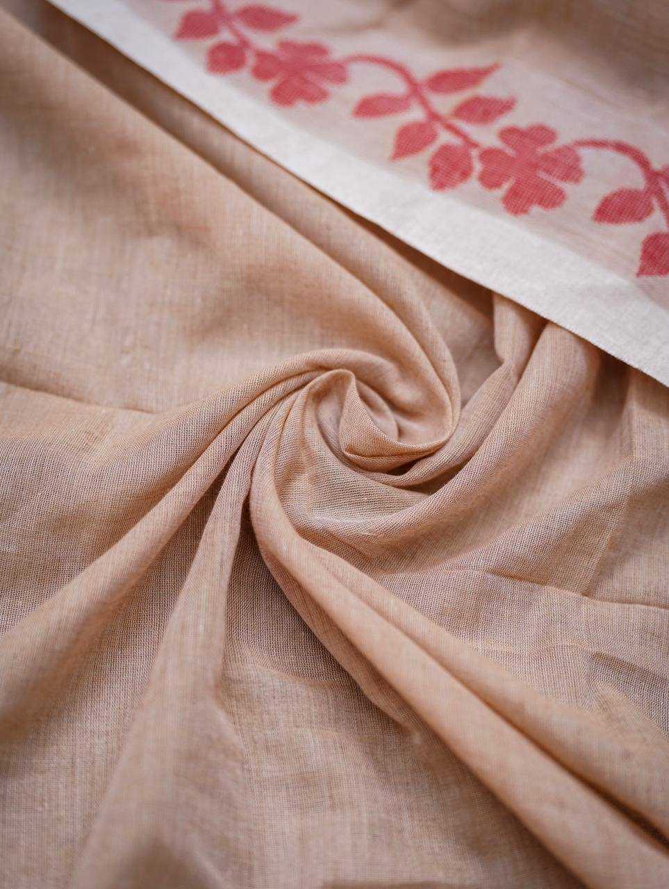 Beige Designer Linen Cotton Saree with Floral Border Detailing