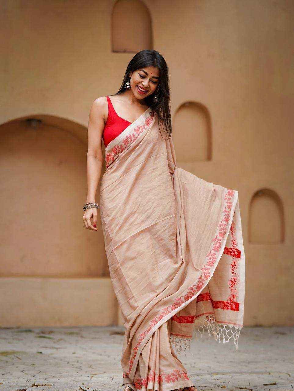 Beige Designer Linen Cotton Saree with Floral Border Detailing