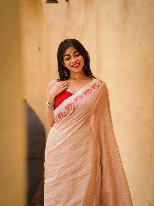 Beige Designer Linen Cotton Saree with Floral Border Detailing