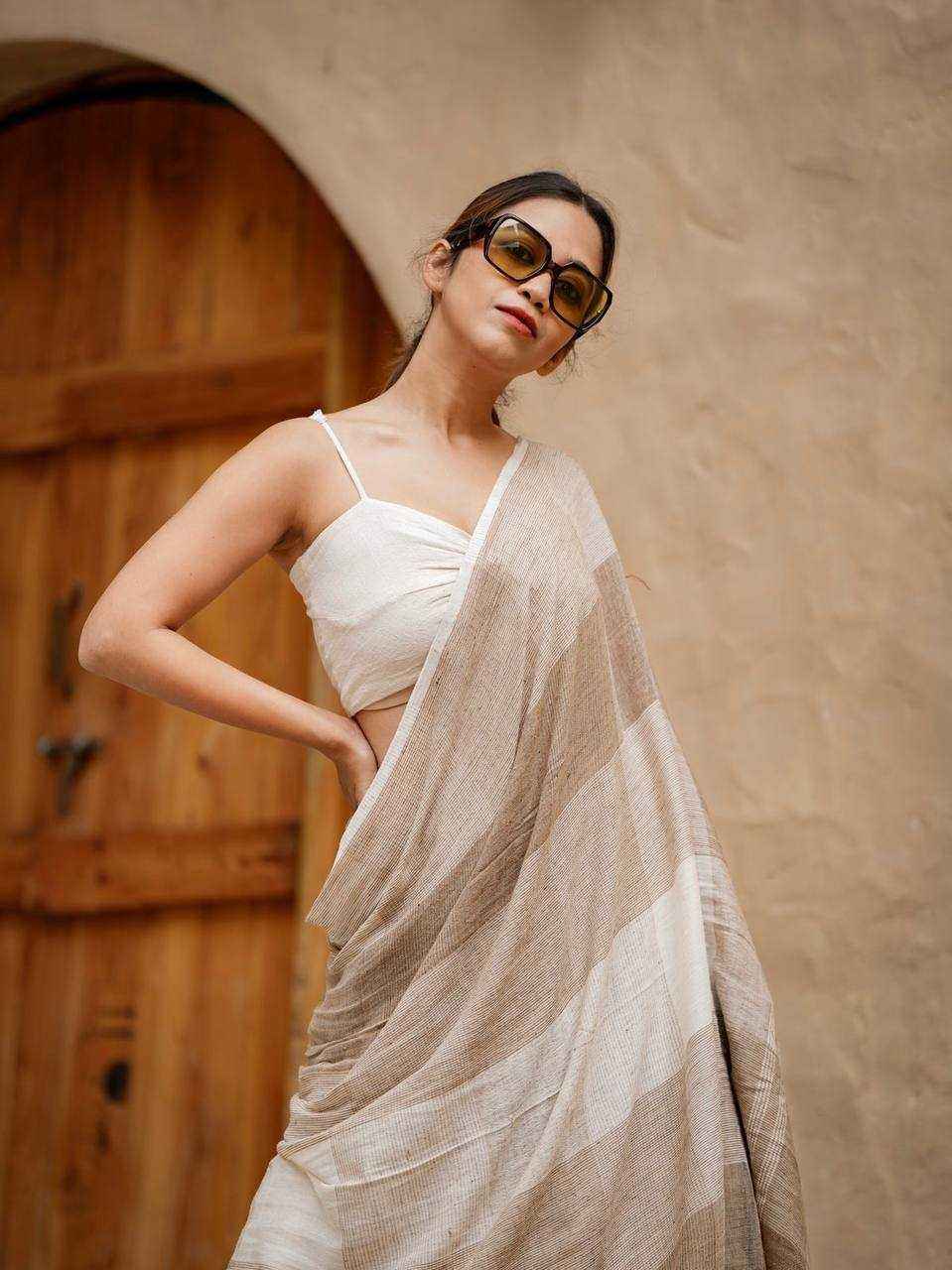 Linen Cotton Digital Printed Saree with Satin Blouse