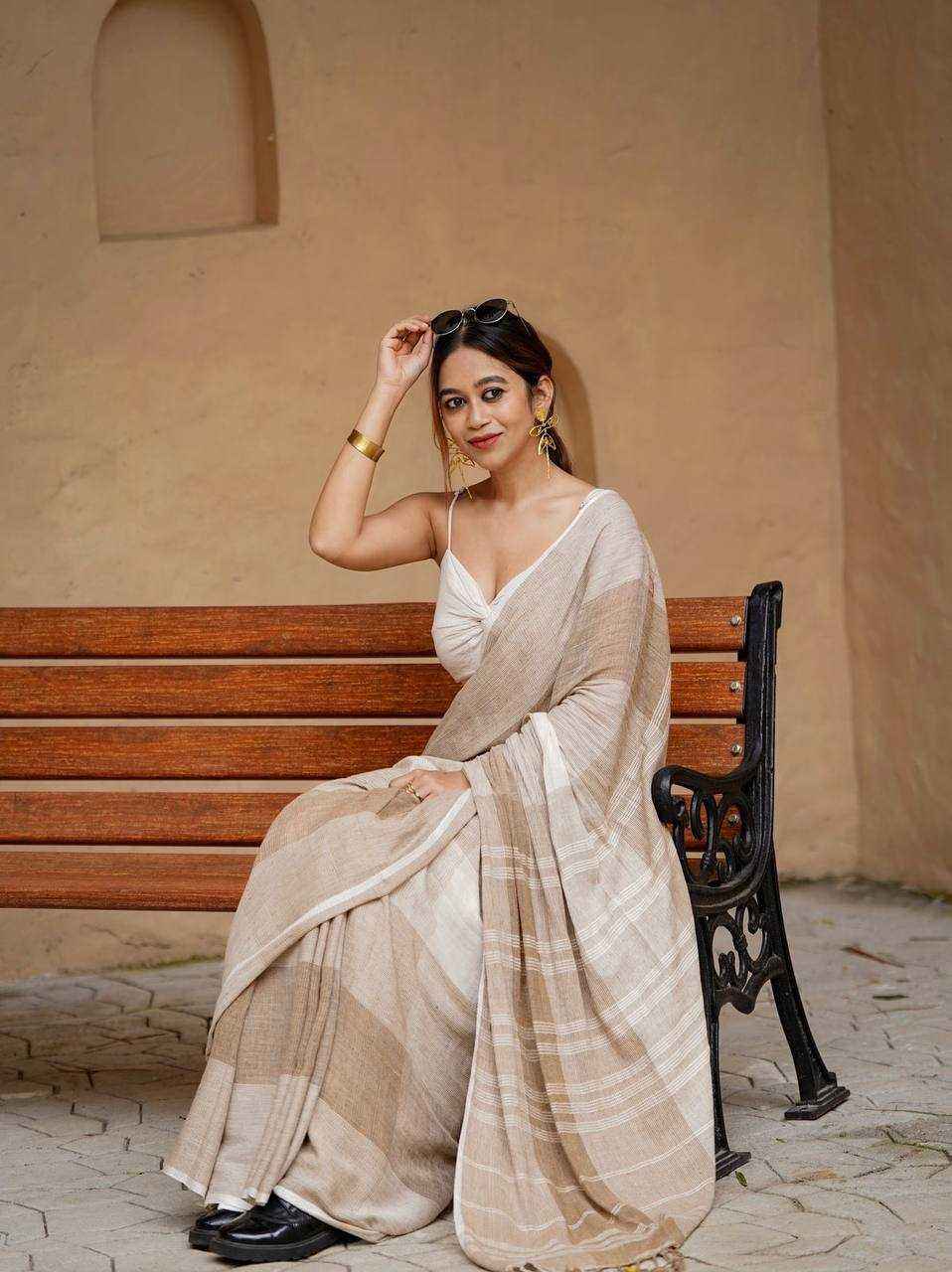 Linen Cotton Digital Printed Saree with Satin Blouse