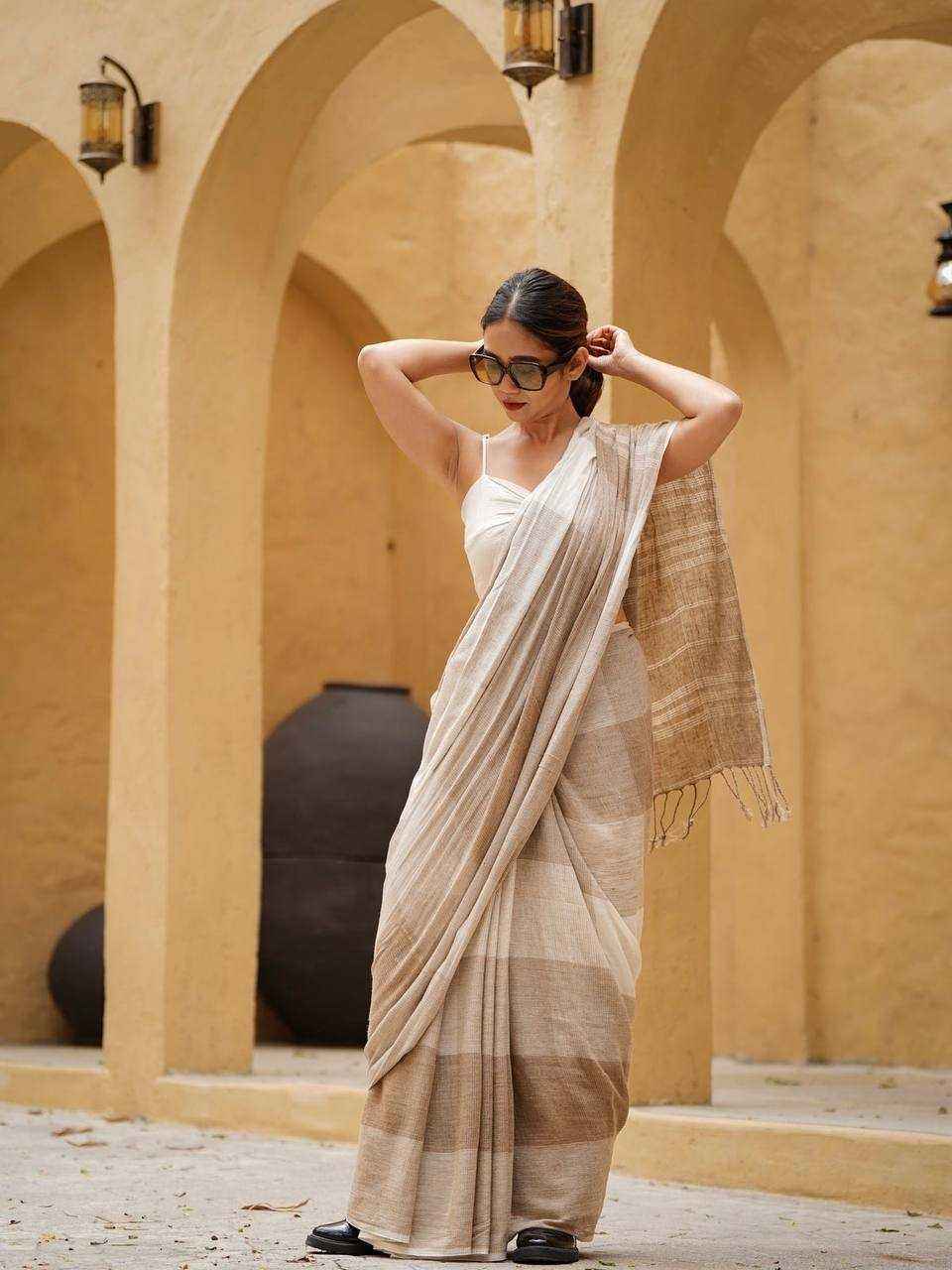 Linen Cotton Digital Printed Saree with Satin Blouse