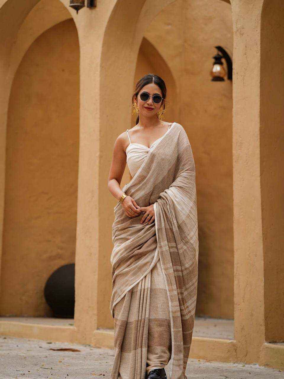 Linen Cotton Digital Printed Saree with Satin Blouse