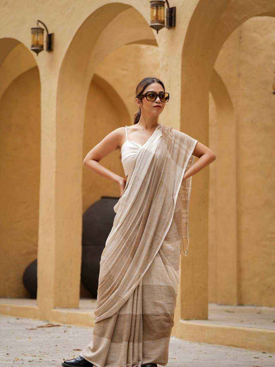 Linen Cotton Digital Printed Saree with Satin Blouse