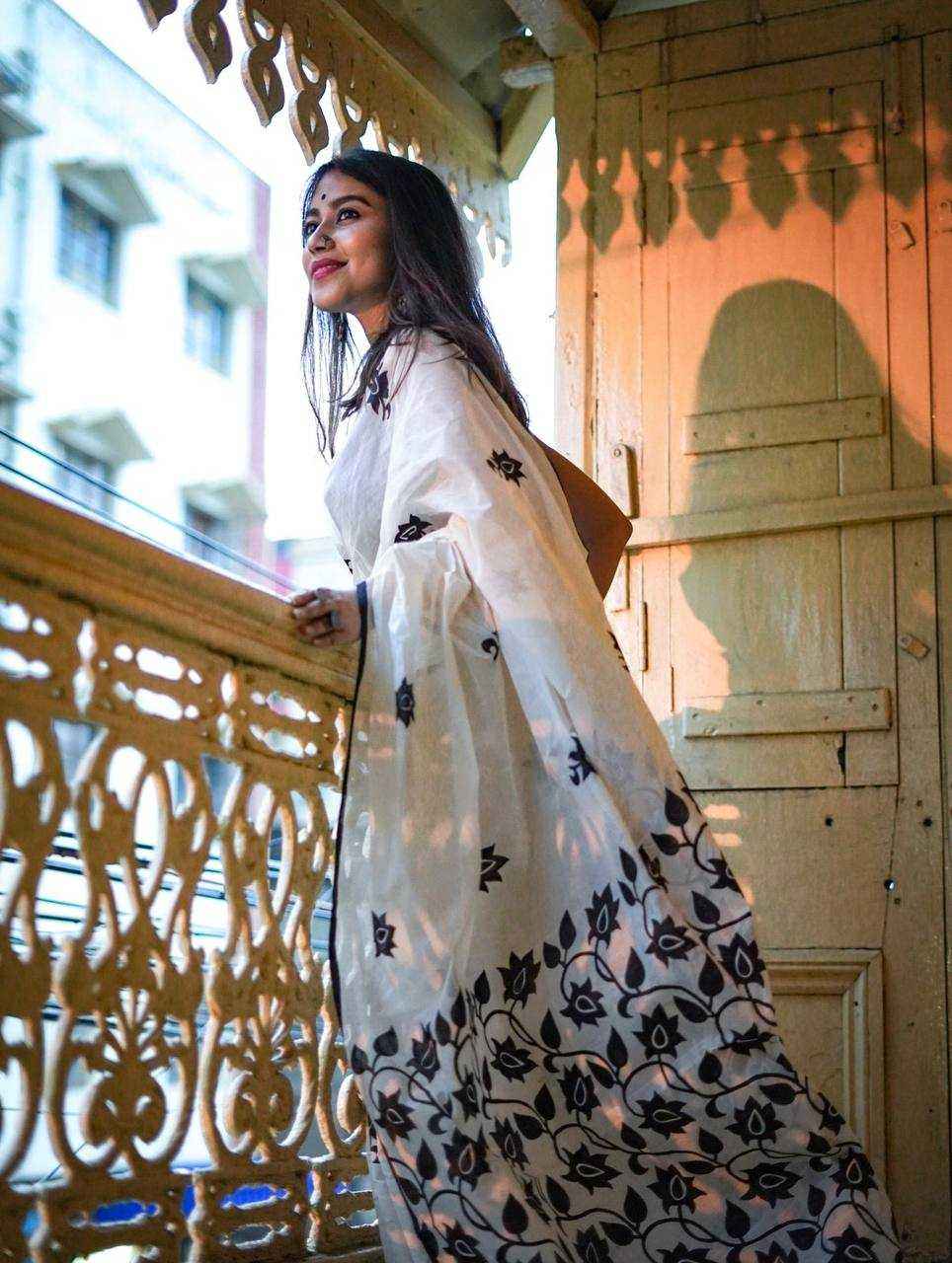 White Digital Printed Linen Cotton Saree with Satin Blouse