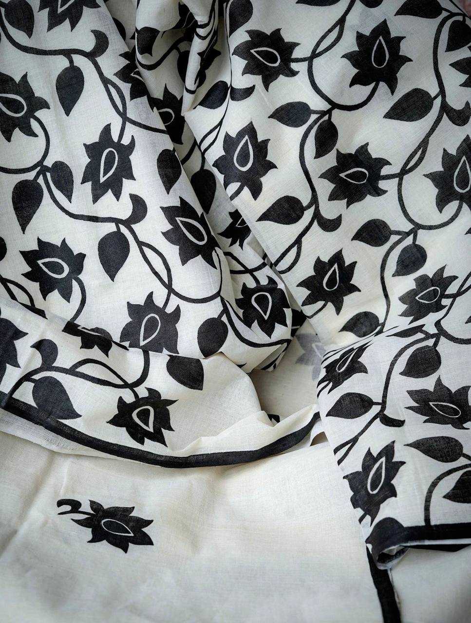 White Digital Printed Linen Cotton Saree with Satin Blouse
