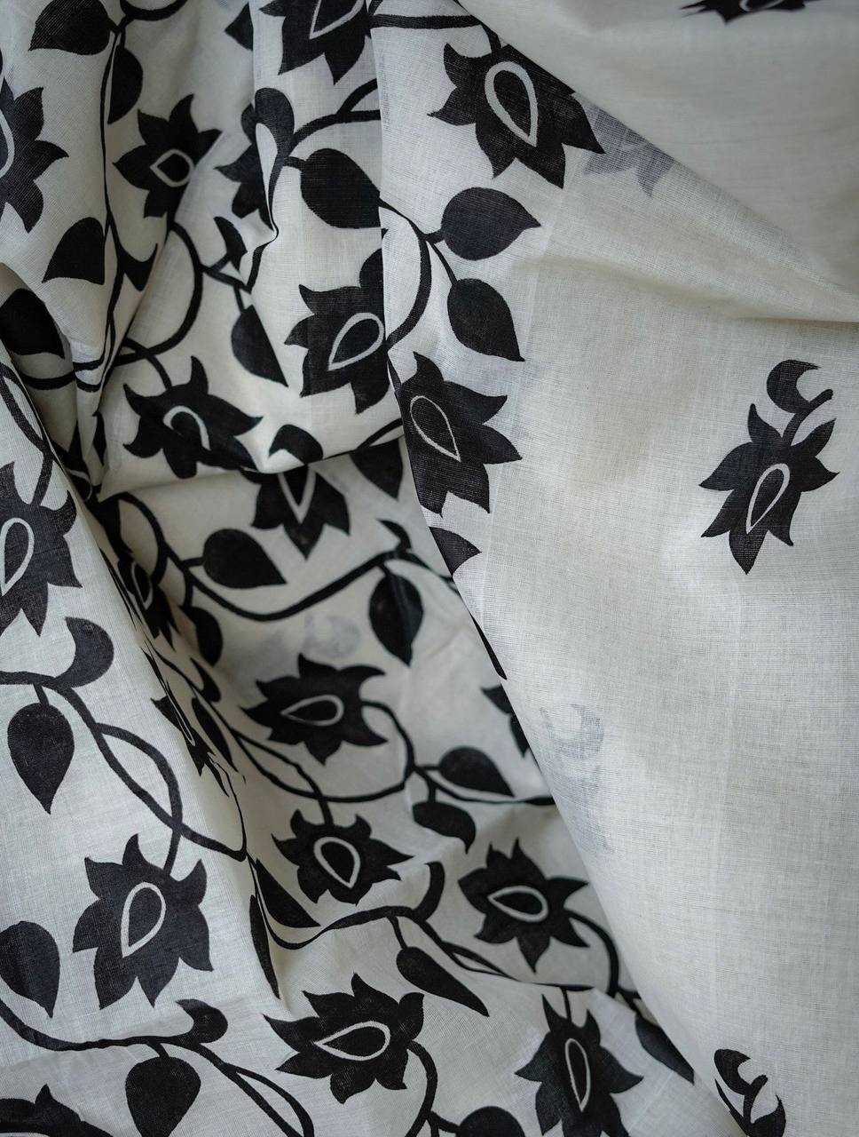 White Digital Printed Linen Cotton Saree with Satin Blouse