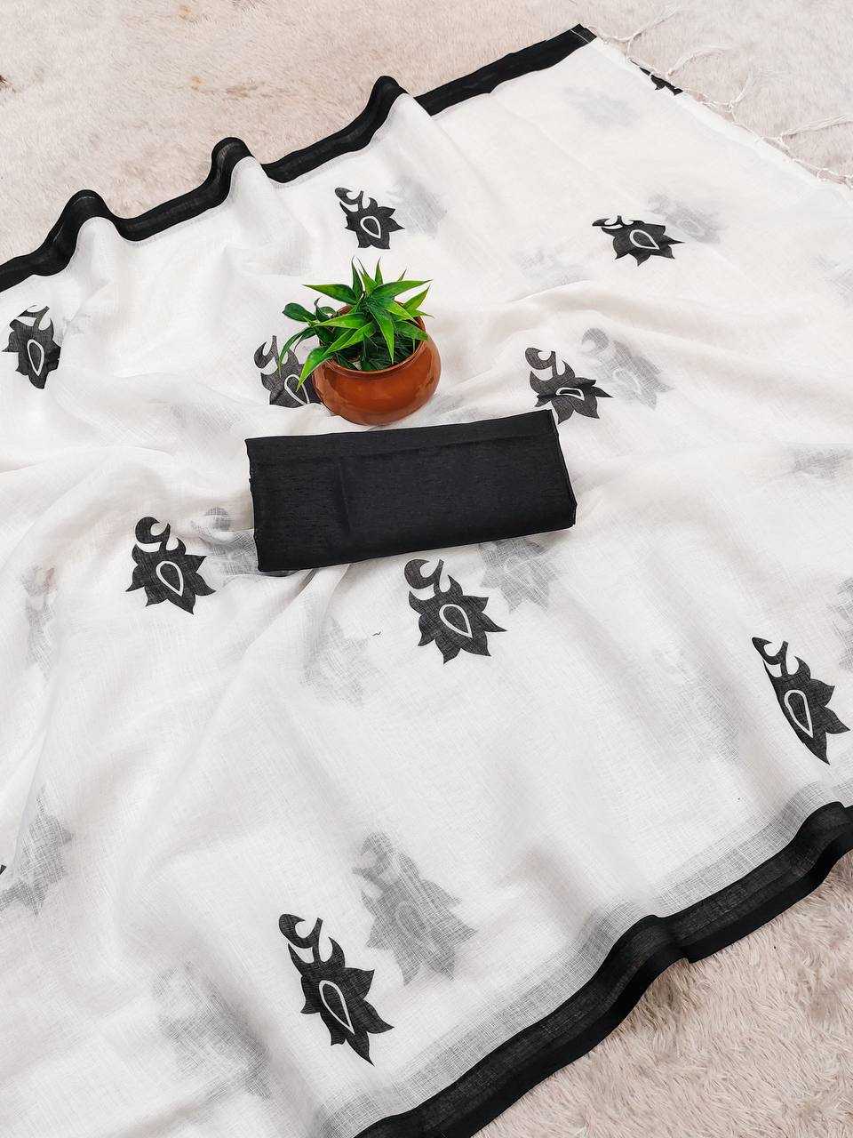 White Digital Printed Linen Cotton Saree with Satin Blouse