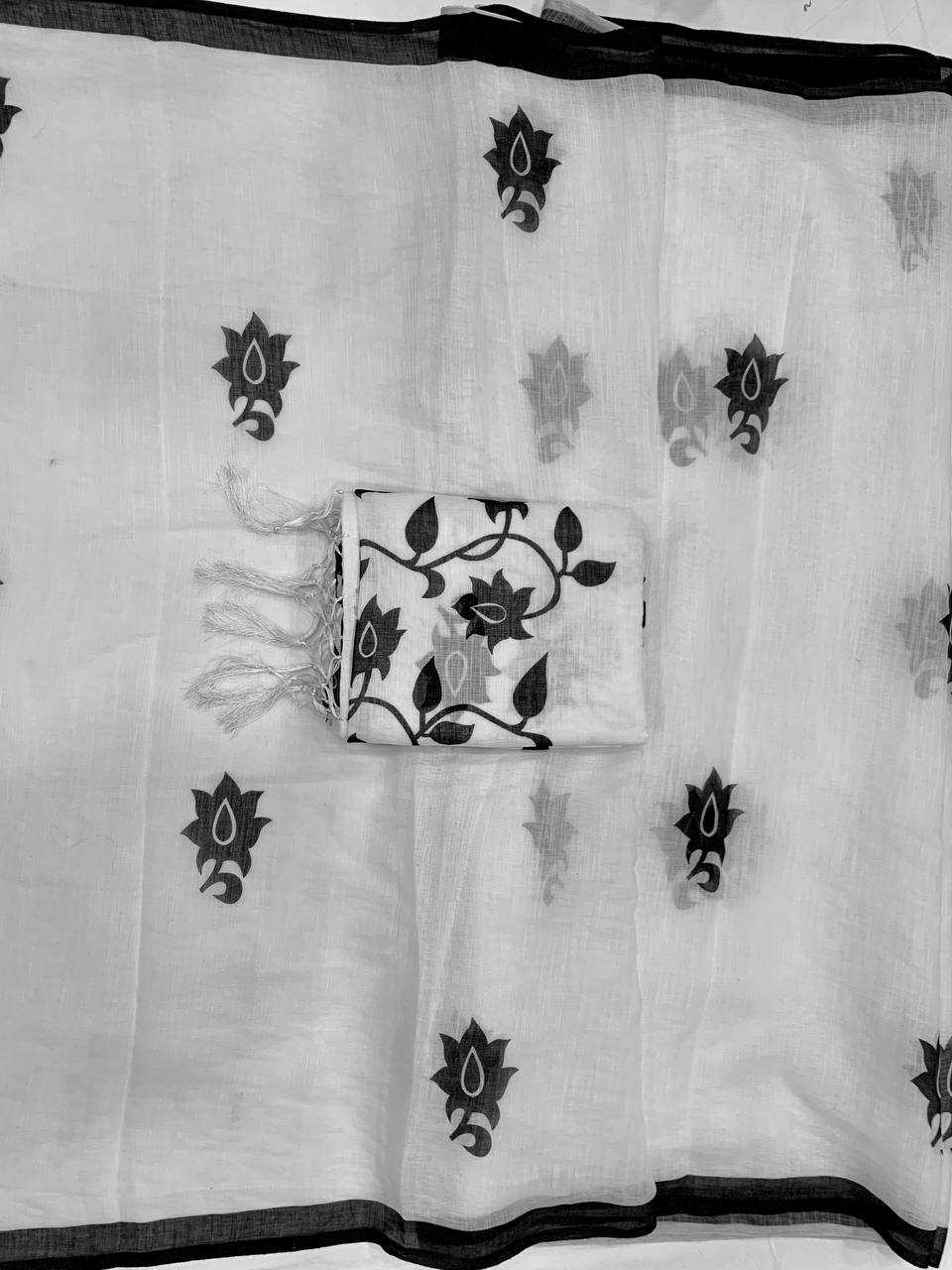 White Digital Printed Linen Cotton Saree with Satin Blouse