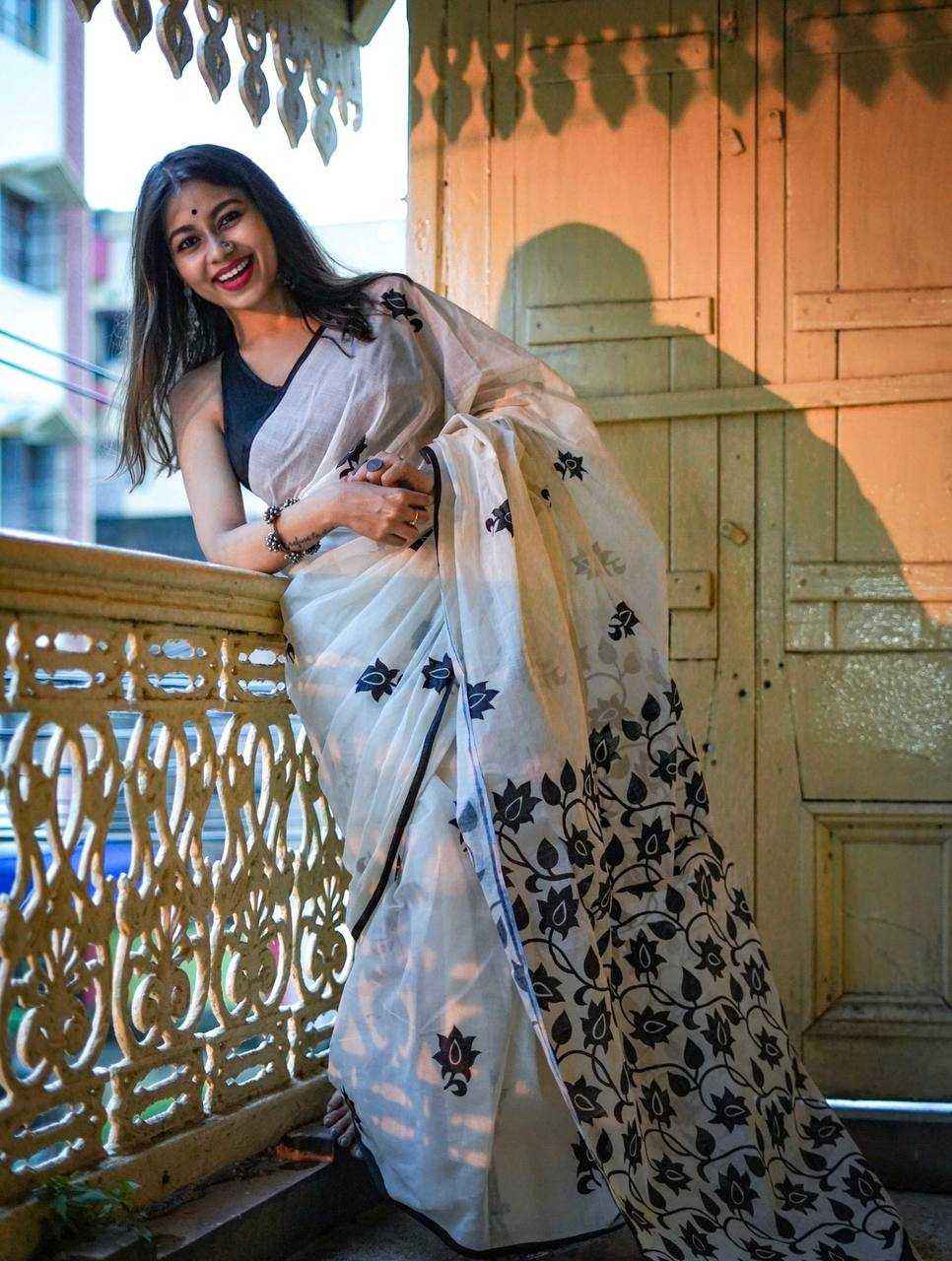 White Digital Printed Linen Cotton Saree with Satin Blouse