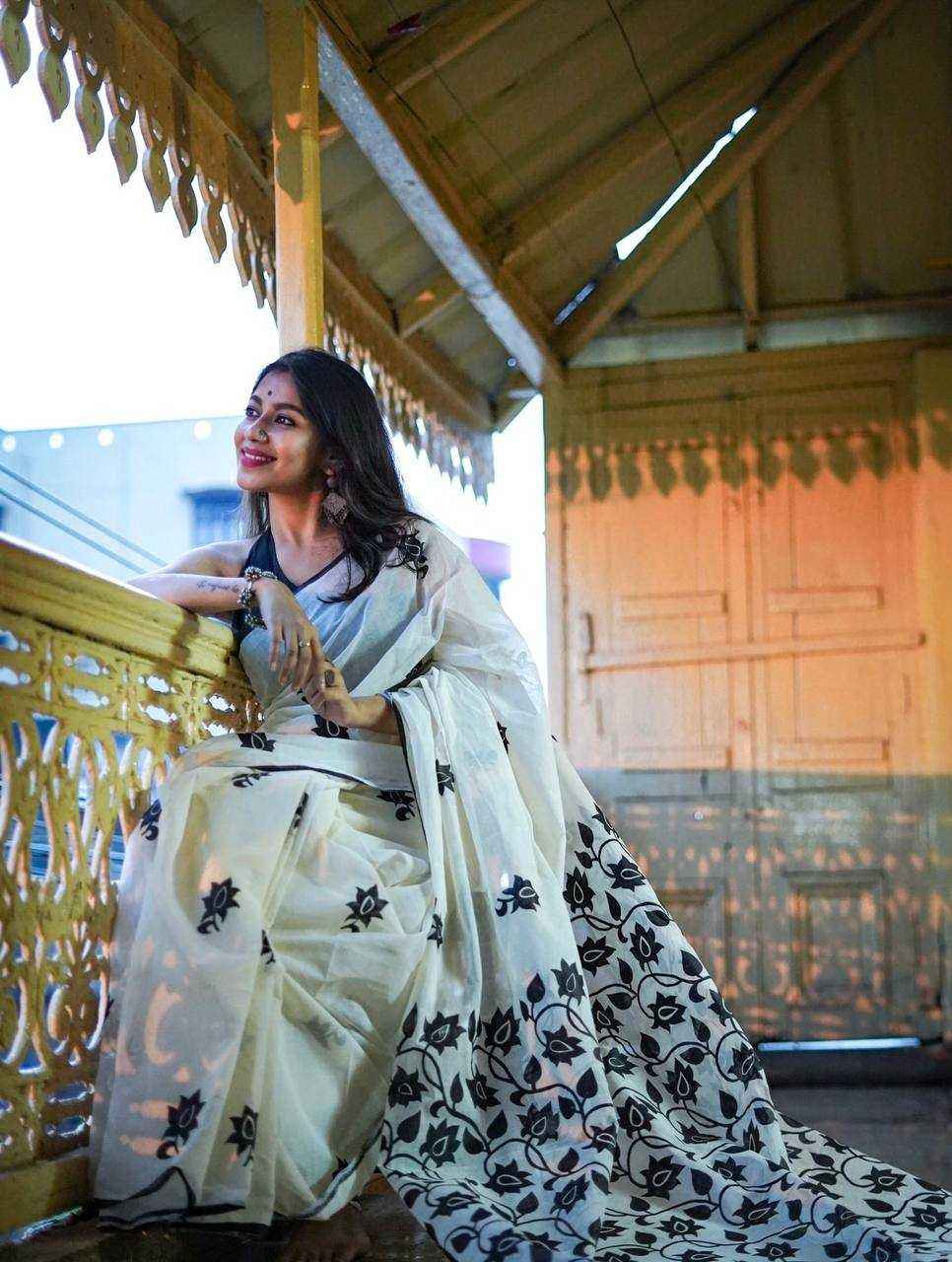 White Digital Printed Linen Cotton Saree with Satin Blouse