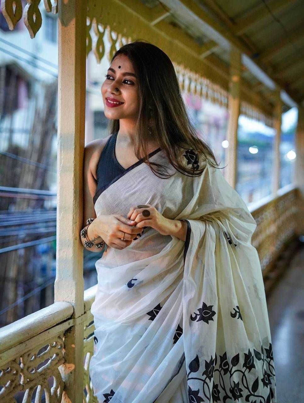 White Digital Printed Linen Cotton Saree with Satin Blouse