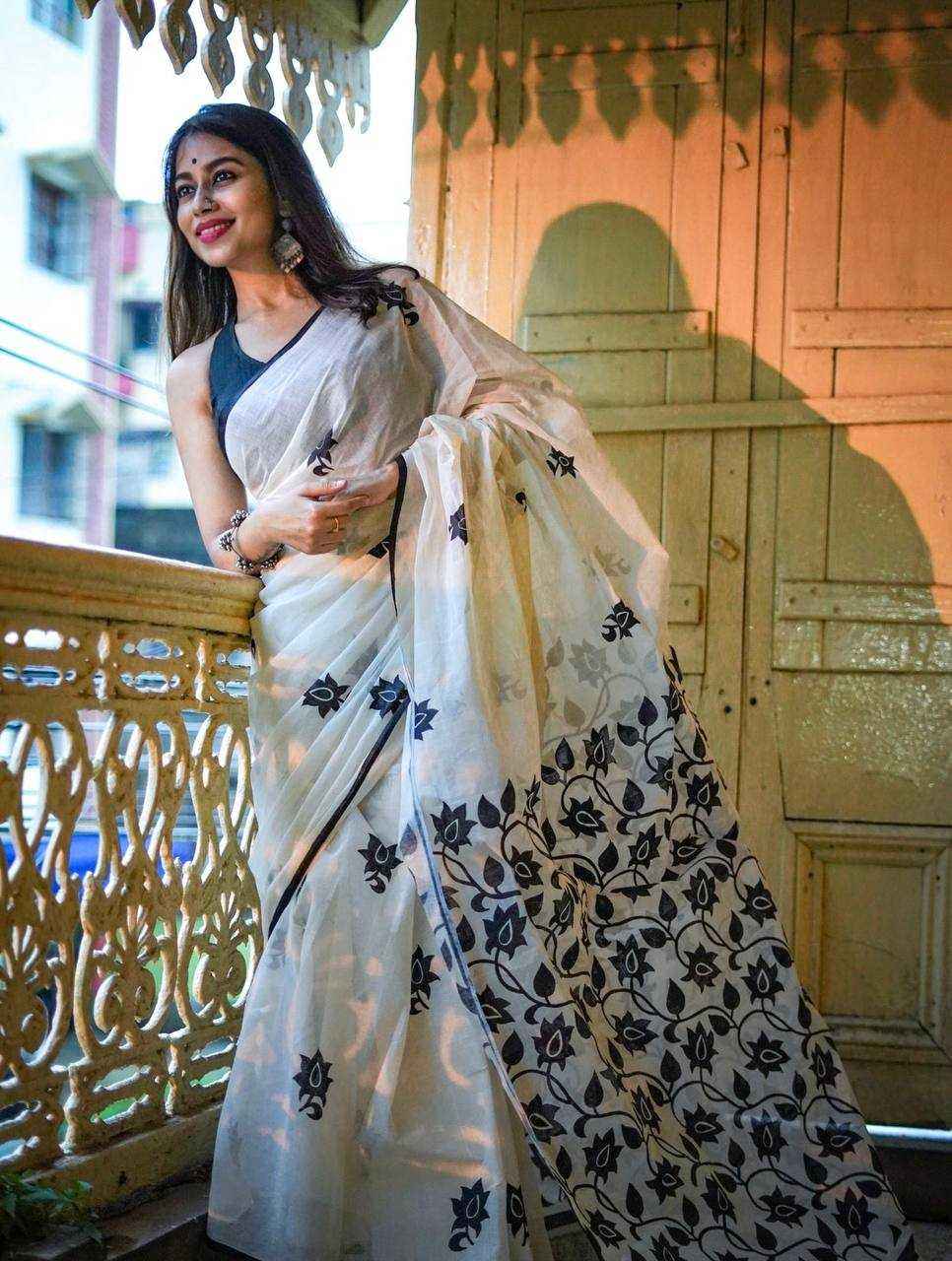 White Digital Printed Linen Cotton Saree with Satin Blouse