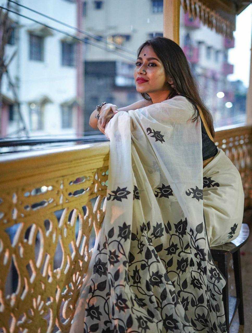 White Digital Printed Linen Cotton Saree with Satin Blouse