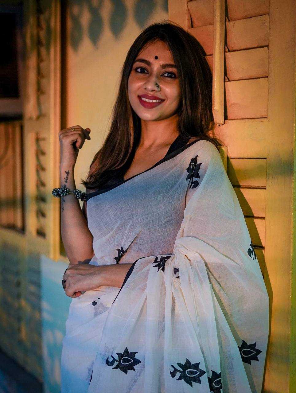 White Digital Printed Linen Cotton Saree with Satin Blouse