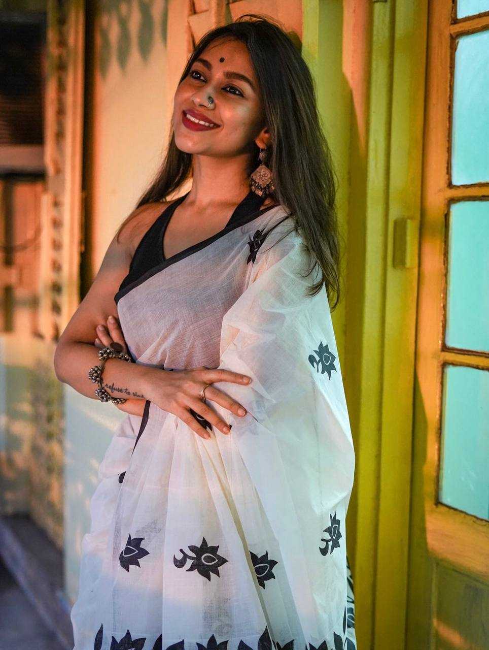 White Digital Printed Linen Cotton Saree with Satin Blouse