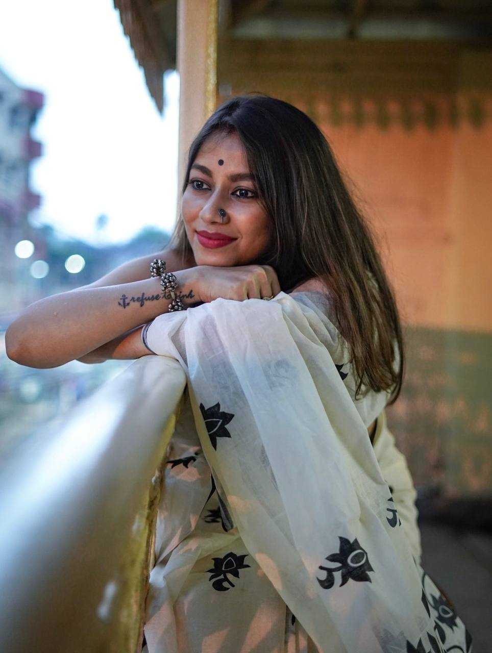White Digital Printed Linen Cotton Saree with Satin Blouse